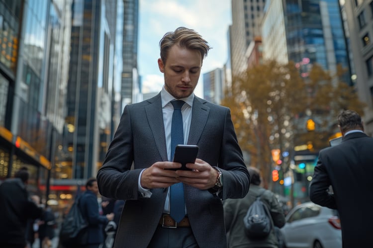 Office Employee using his payroll and HR mobile app on the street